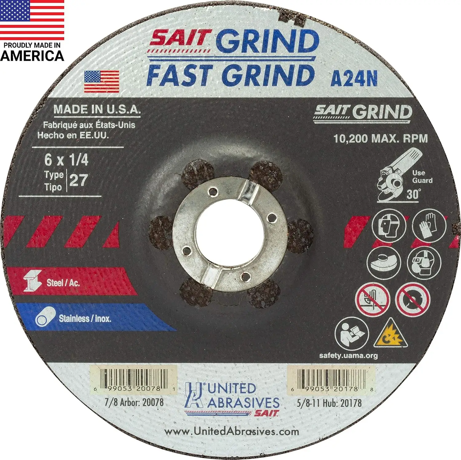 Abrasives-SAIT 20078 A24N ล้อเจียรเร็ว 6" x 1/4" x 7/8" Type 27, 25-Pack