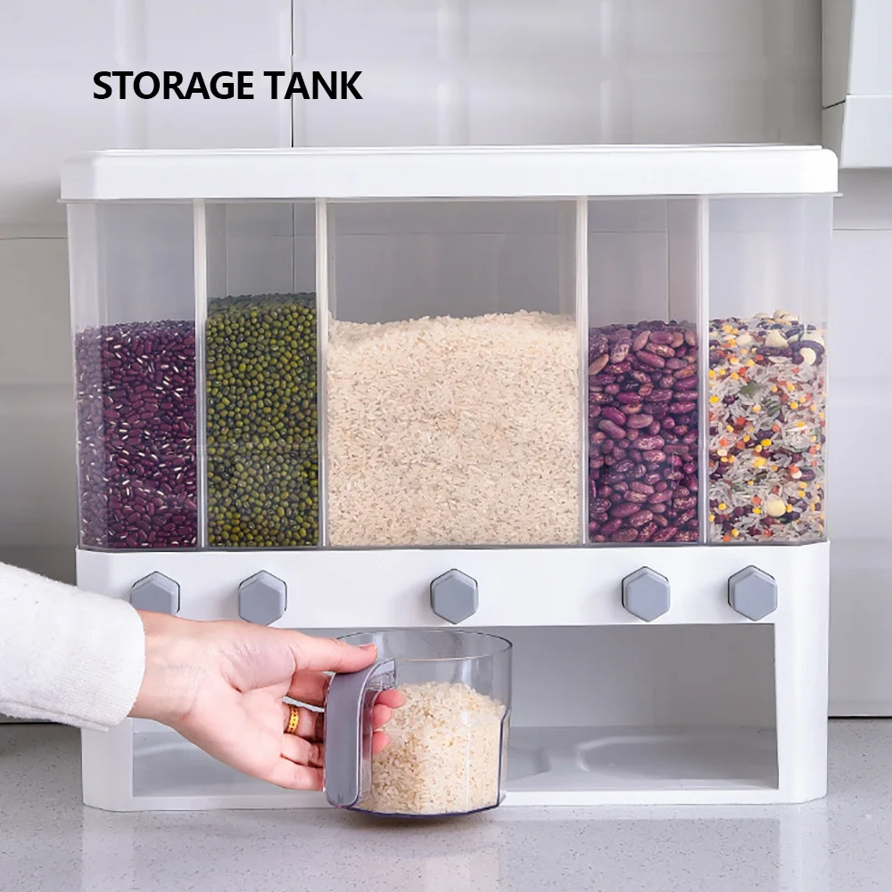 Visualized Dry Food Dispenser 5-Grid Rice Storage Container Grain Bucket Rice Tank with Cup and Removable Dividers