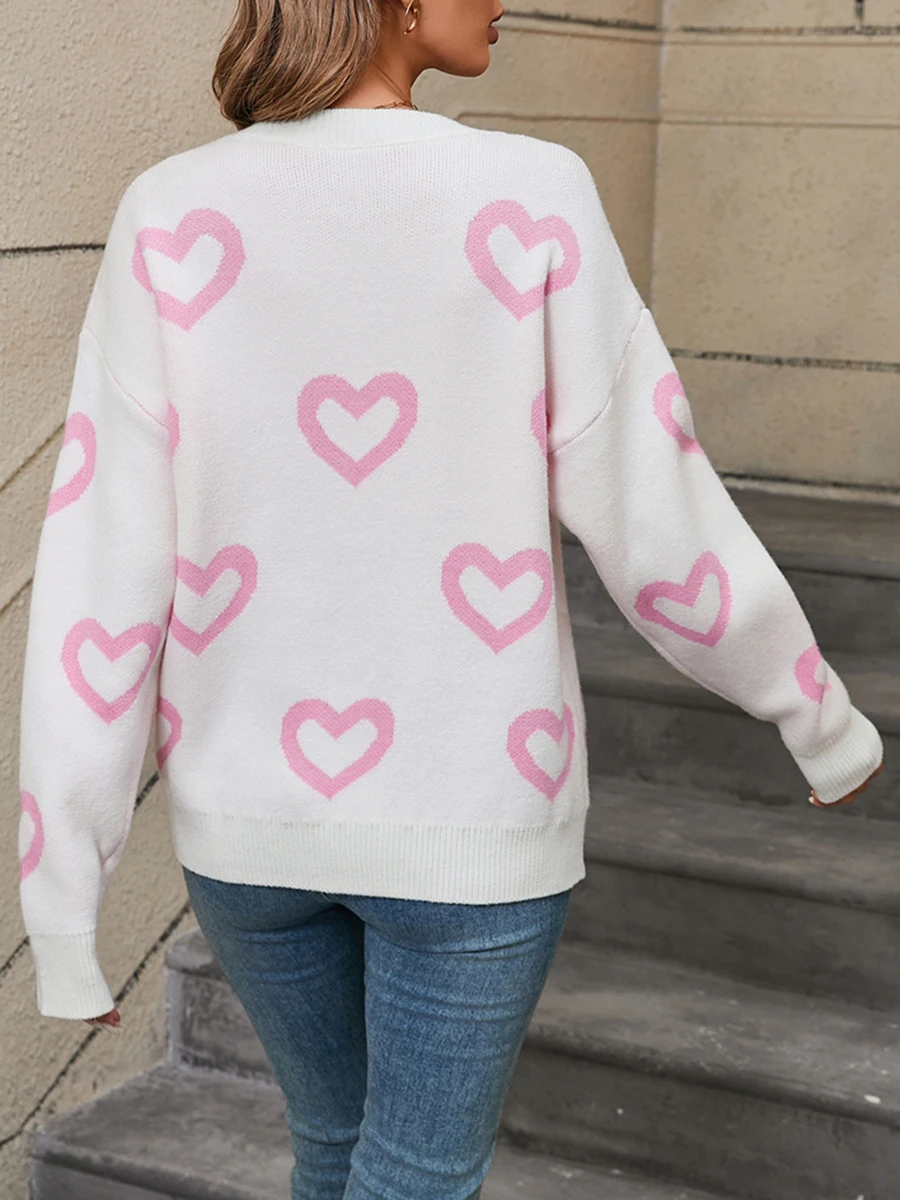 Women s Heart Pattern Sweaters Long Sleeve Round Neck Loose Fit Pullover Fall Winter Tops