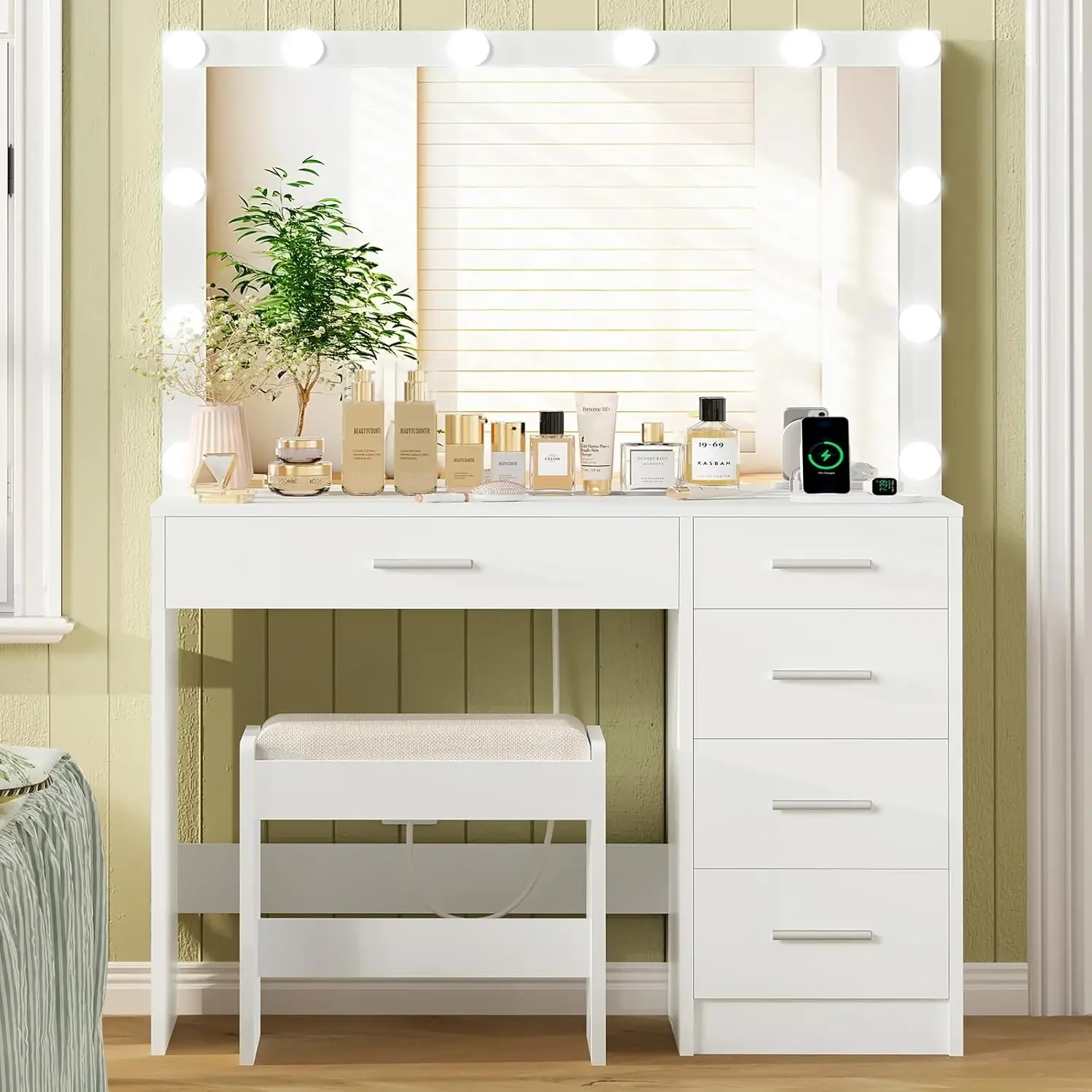 Makeup Vanity with 12 Lights,Desk with Power Outlet, Makeup Vanity Table with 5, Large Mirror, Dressing Table with Stool for