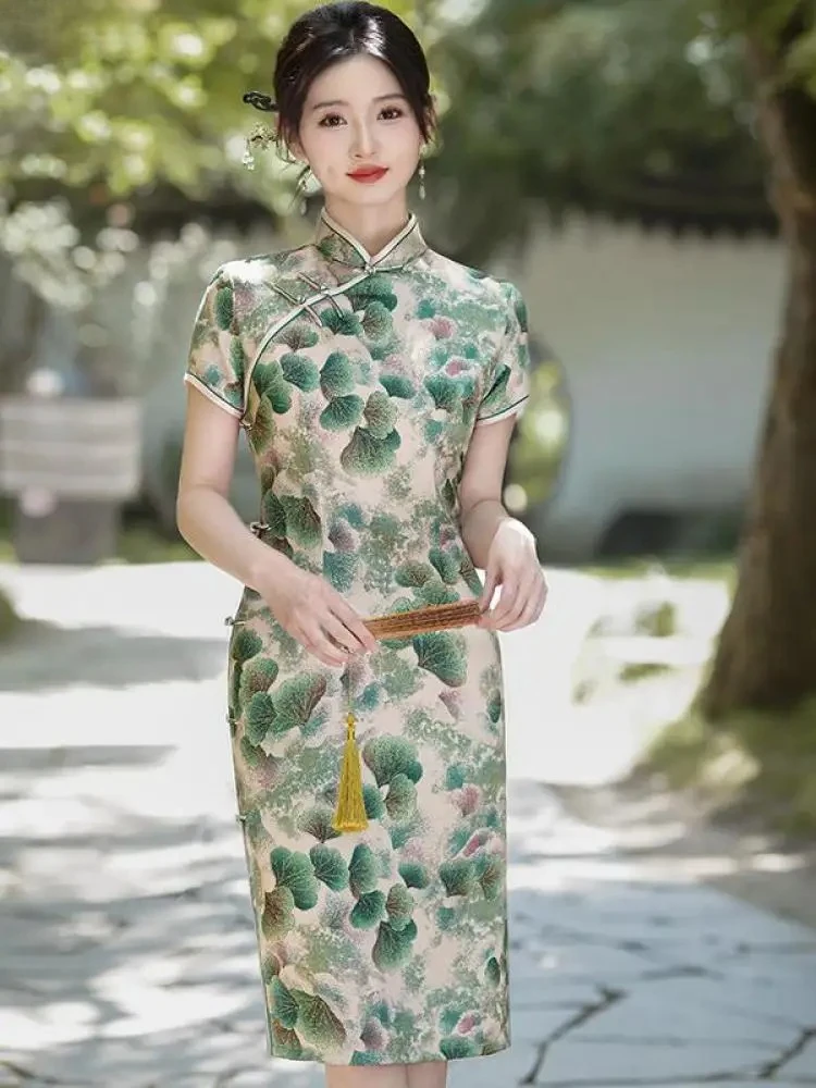 

Винтажное зеленое платье Ципао с цветочным принтом, традиционное китайское платье Cheongsam, шифоновое платье средней длины на подкладке для женщин, праздничное платье 4xl