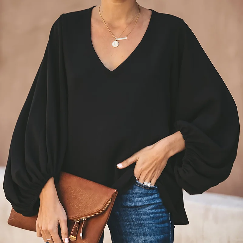 Women Long Lantern Sleeve Chiffon Shirt Female V-Neck Blouse Large Size Loose Shirts Office Ladies Solid Casual Tops Clothing