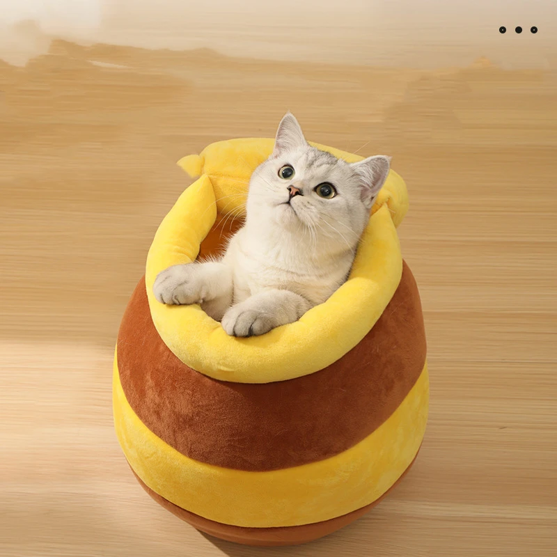 Honeypot Cat Bed House Pet Accessories Four Seasons Plush Mat Cats Cushion Basket Honey Jar Shape Pets Product for Small Cat