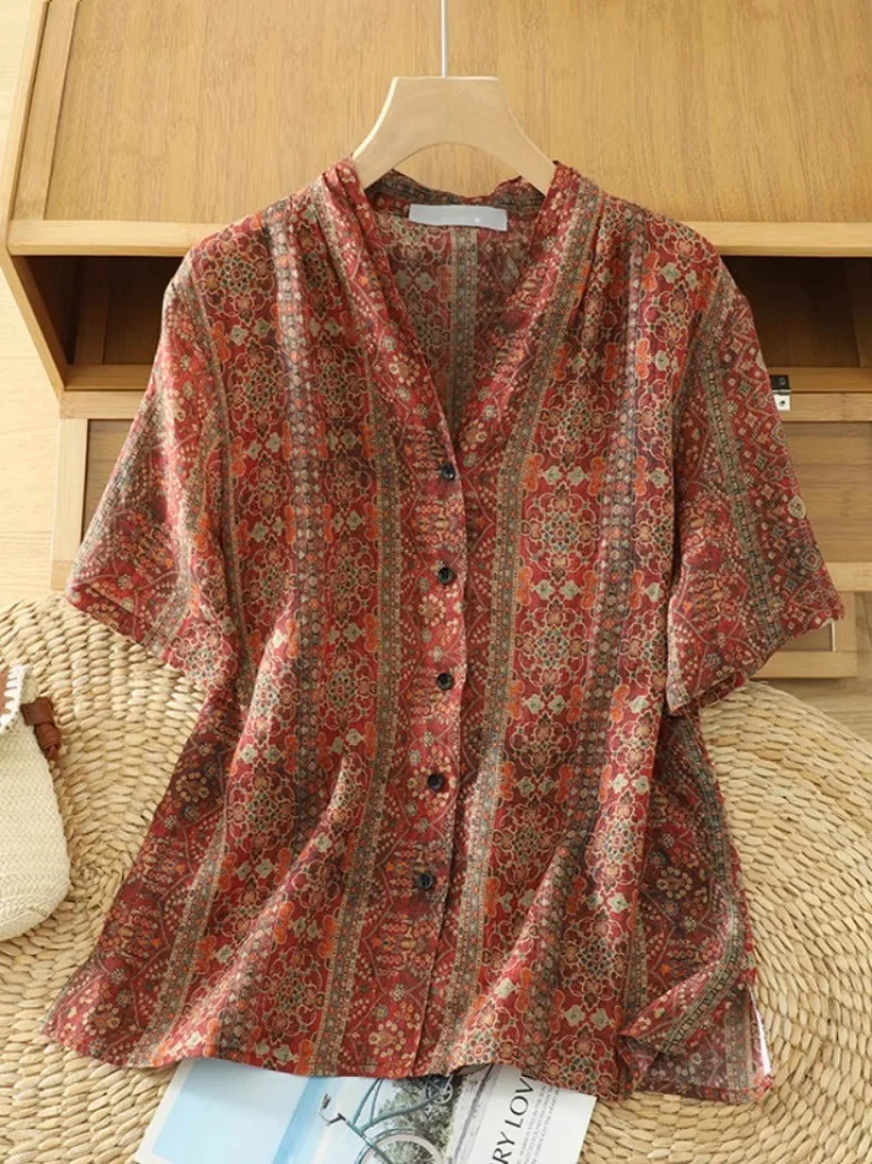 

Ethnic Style Retro Floral Cotton And Linen Short Sleeved Shirt For Women Summer Thin Loose V-Neck Breathable Linen Top w238