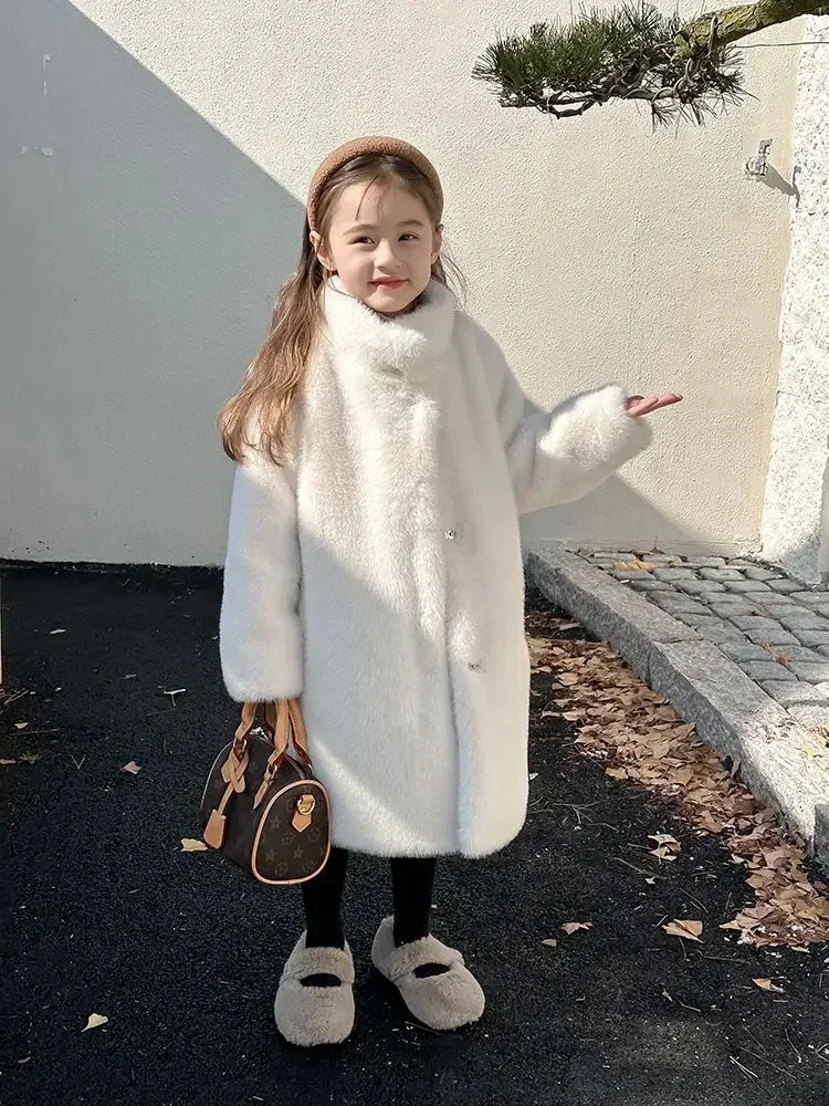 Cotton Thickened Warm Faux Fur Coat for Girls Children Baby Stand Up Collar Plush Cold Resistant Autumn and Winter Coat