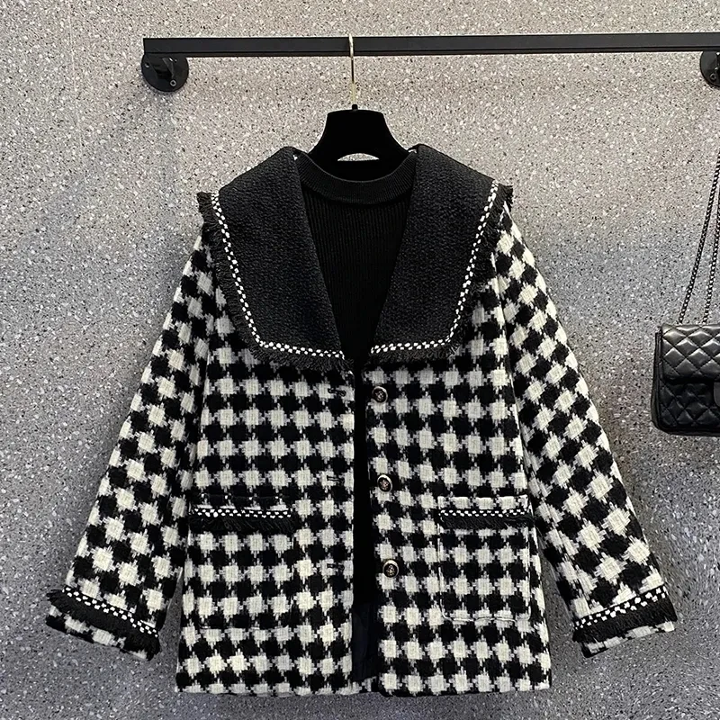 Women Spring New Fashion Thousand Bird Plaid Woolen Fabric Jacket Female Western Style Aging Woolen Fabric Small Fragrant Coat