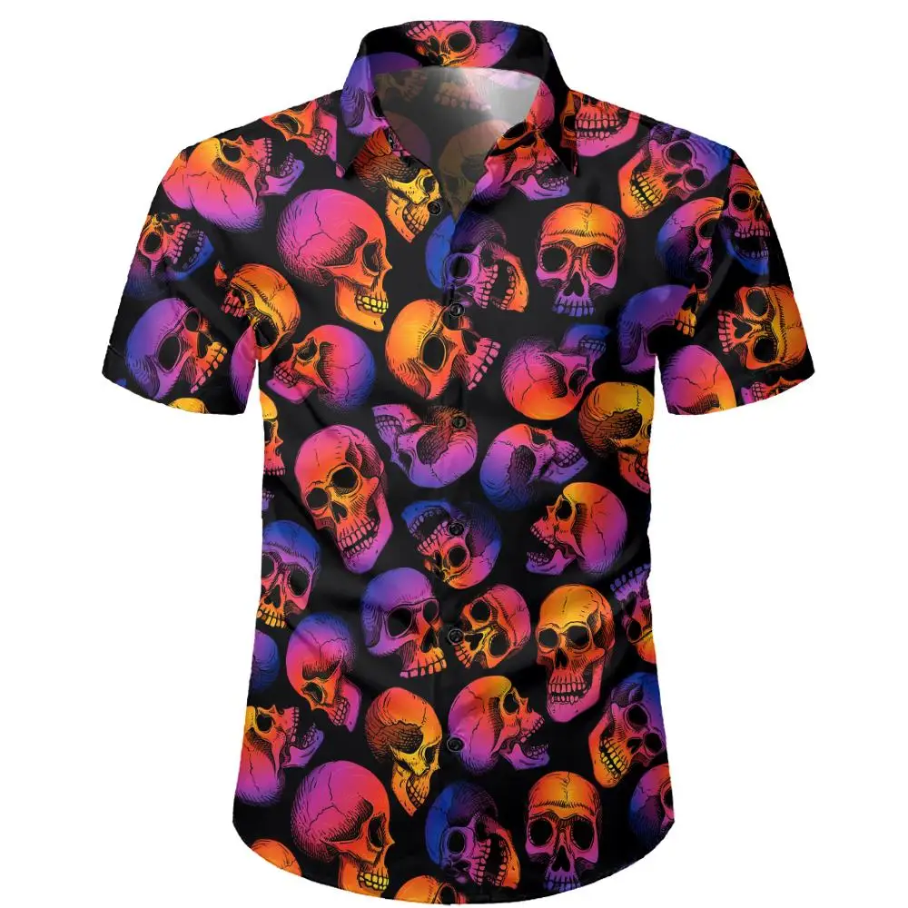 Chemise hawaïenne à manches courtes pour hommes, impression tête de mort 3D, rétro, décontracté, été, asymétrique, revers, Y-2024