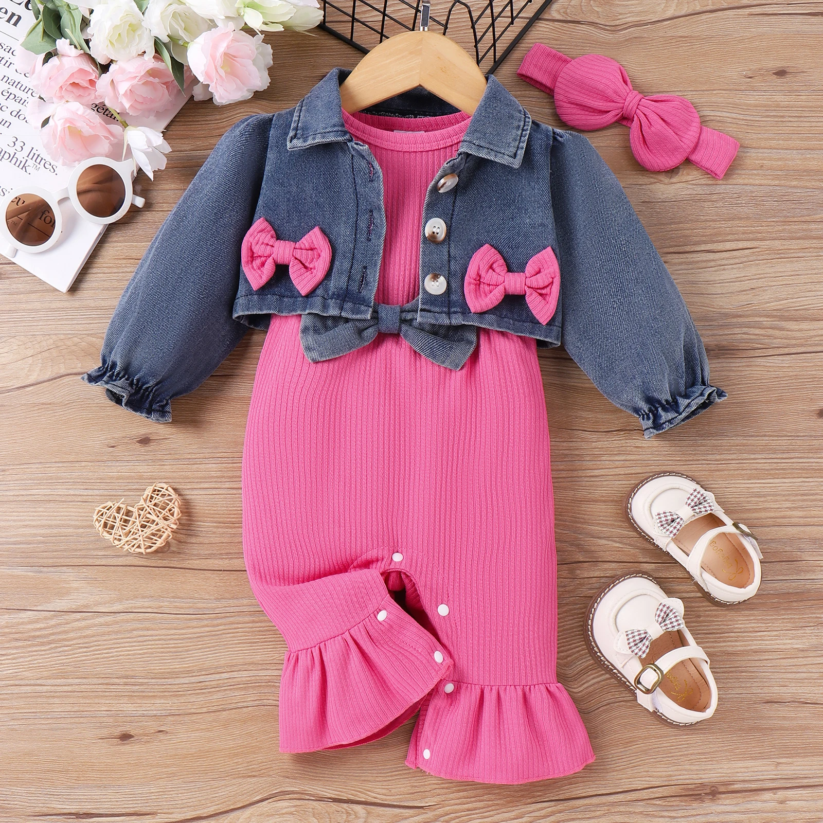 

PatPat 3pcs Baby Girl Sweet Solid Color 3D Butterfly Bow Denim Jumpsuit Set