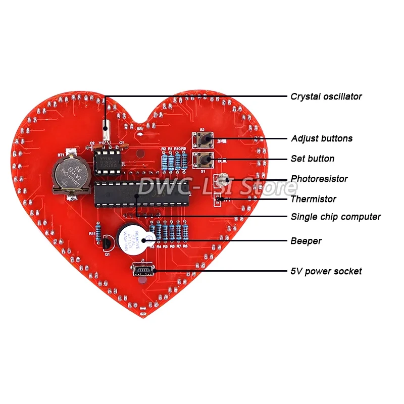 Heart-shaped Running Water Lamp Electronic Clock kit Love Creative Electronic DIY Production Microcontroller Parts