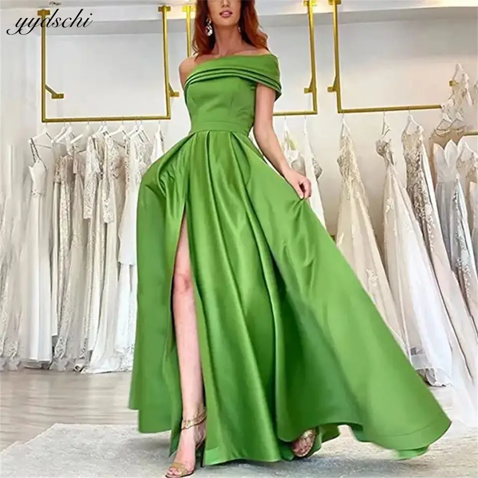 Elegant One Shoulder Satin High Slit Boat Neck Wedding Dresses For Women 2024 Sweep Train Bridal Gowns Moderator Host Dresses