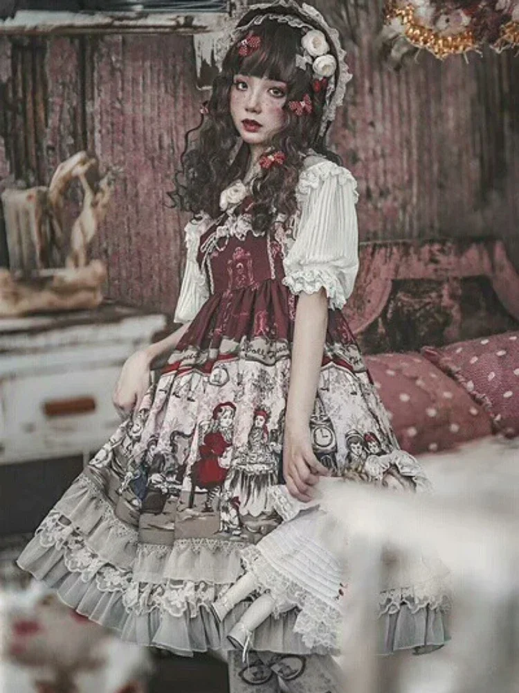 

Doll house ~ Gothic Printed Sleeveless Lace Ruffles Bows Peter Pan Collar Chiffon Soft Pink Lolita JSK Dress by Infanta