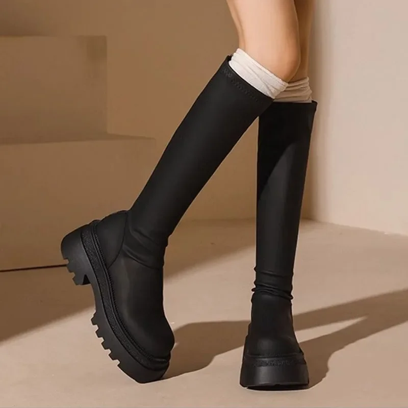 New Women's Zipper Long Boots Autumn Fashion Platform Wide Heel Knee-high Boots Soft Microfiber Leather Black Riding Boots Goth