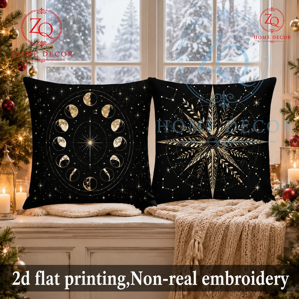 Boho Moon Phase Celestial Throw Pillow Cover Black Gold Astrology Cushion Case for Winter Holiday Living Room Bedroom Decor