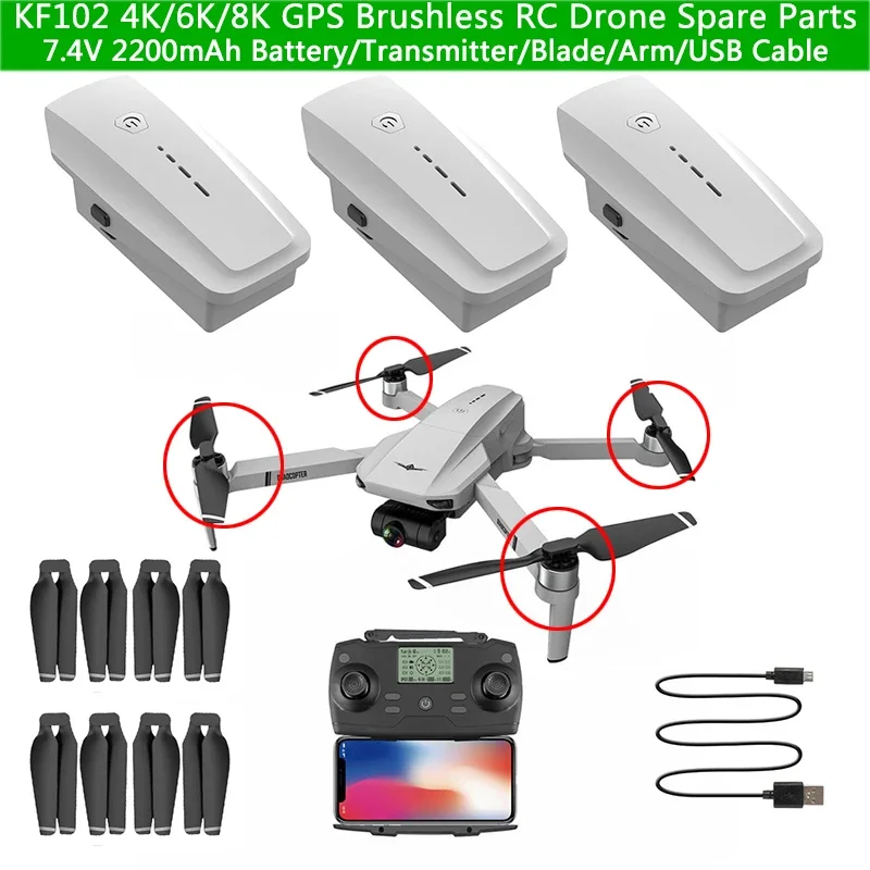 Pièces de rechange pour importateur RC sans balais, batterie 7.4V 2200mAh, hélice, bras, câble USB pour quadricoptère KF102 4K, 6K, 8K, touristes, GPS