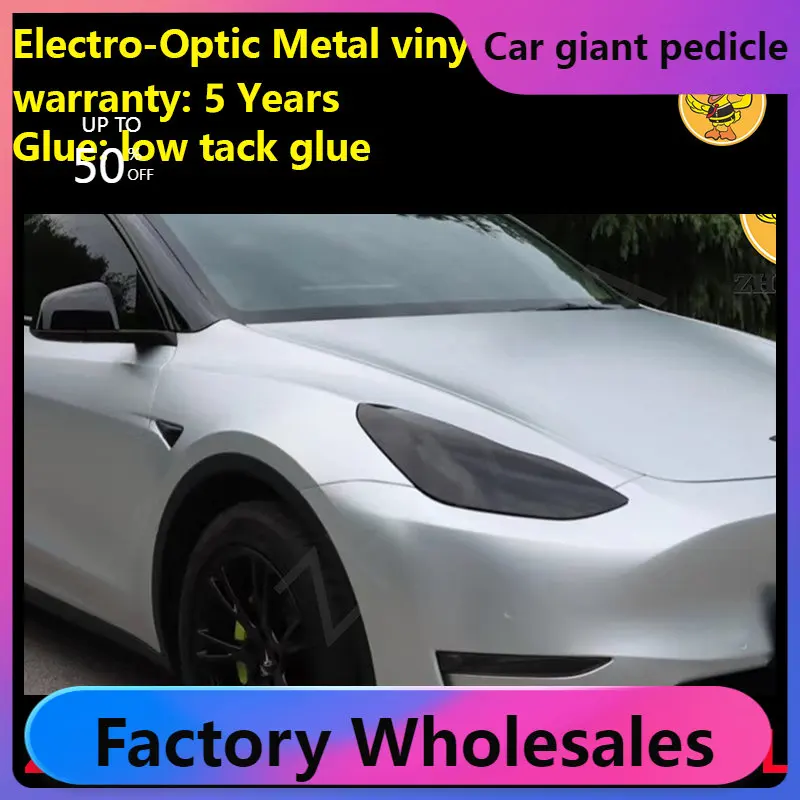 

Silver Electro-optical Metal Vinyl Wrap For Car Wrapping Covering Foil Air Bubble Free Low Tack Glue1.52*18M/Roll 5x59ft