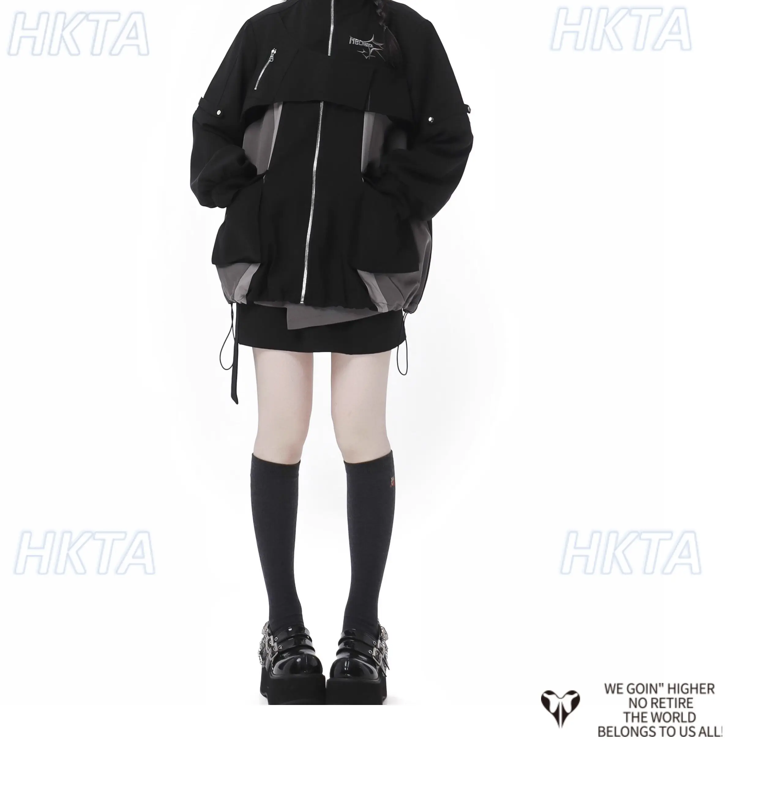 Safari Style High Street Cool Black Gray Zipper Coat Jacket 2026 Spring New Short Skirt Casual Trousers Women's Set Pants Outfit