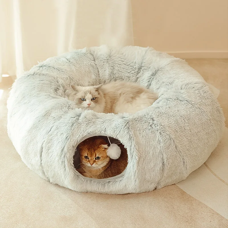 2 In 1 Round Cat Beds House Funny Cat Tunnel Toy Soft Long Plush Dog Bed For Small Dogs Basket Kittens Bed Mat Kennel Deep Sleep