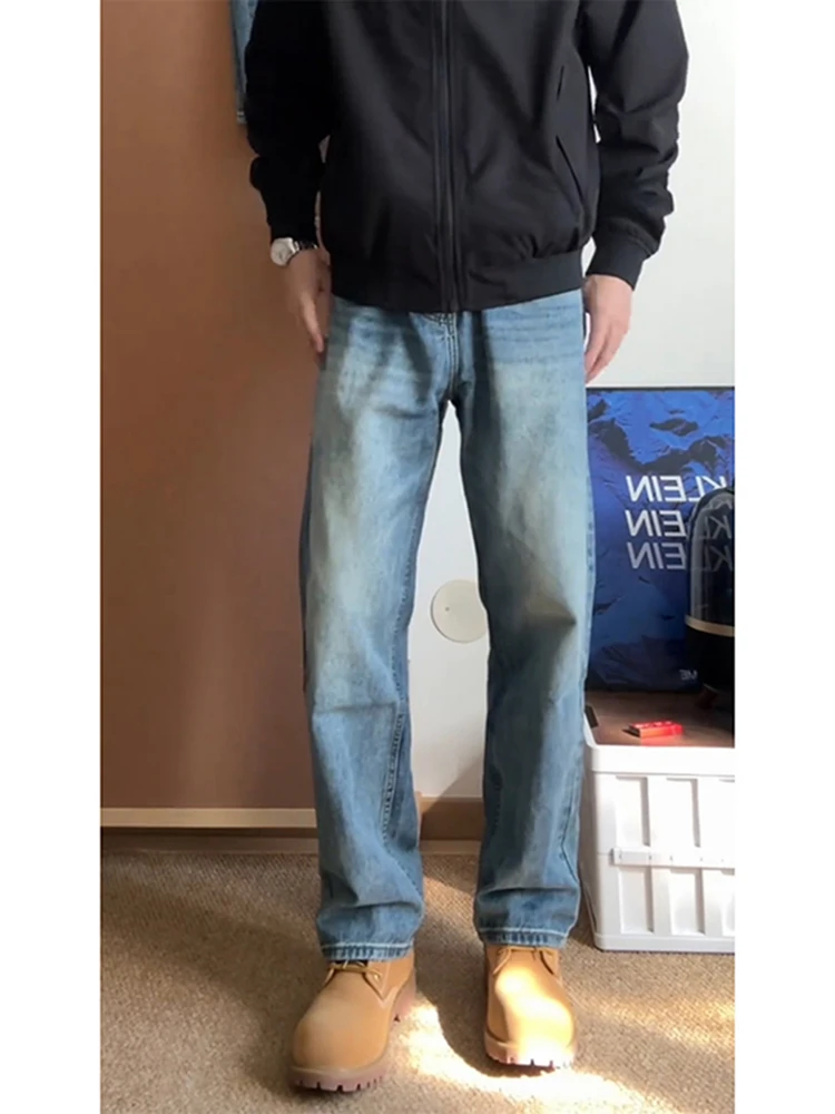 

Retro Blue Thickened Fleece Straight Leg Men's Jeans Winter Long Lengthening Effect Micro Flared Pants American Style