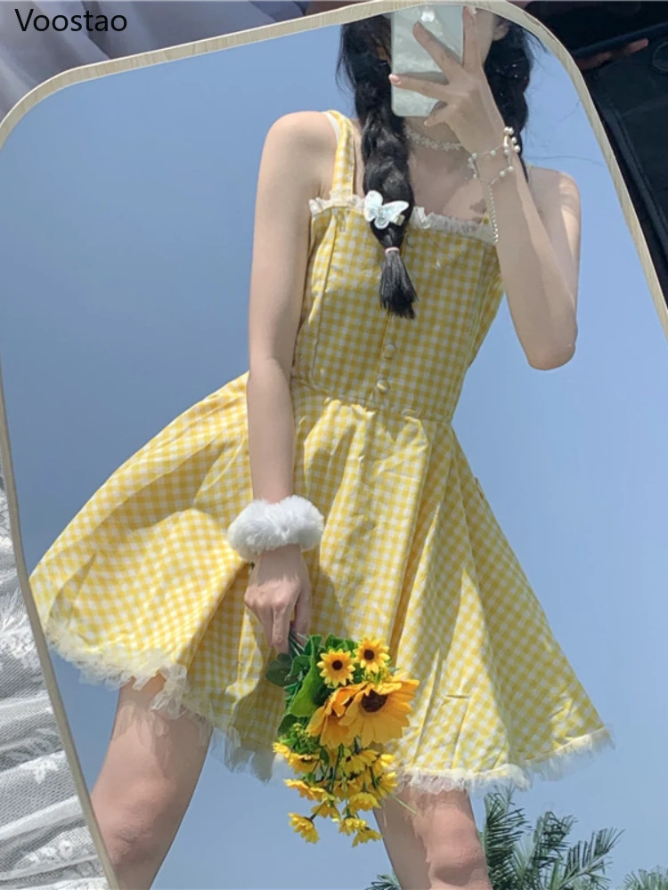 Japanese Sweet Cute Lolita Strap Dress Summer Women Kawaii Lace Yellow Plaid Mini Dresses Girly Harajuku Chic Holiday Vestidos