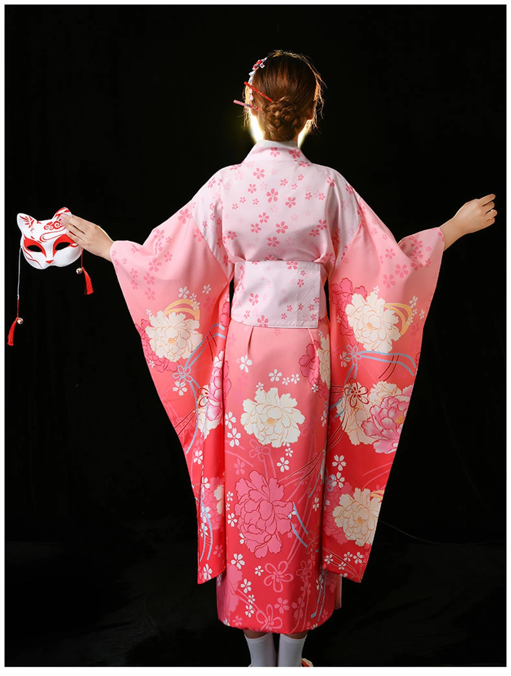 Baju Formal Kimono tradisional Jepang, kostum pertunjukan panggung wanita musim panas, baju Cosplay tradisional Jepang, baju motif Pink ditingkatkan, dengan Obi