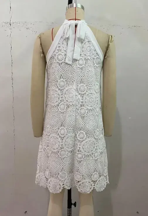 

Summer New Women Sweet Vacation Jacquard Sleeveless Halter White Dress Female Clothing Vacation Casual A Line Dresses