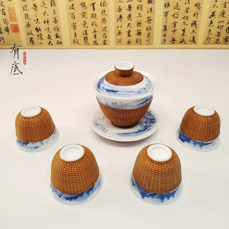 Bamboo tea set Chinese characteristics handicrafts intangible heritage bamboo silk buckle porcelain tea set hand-painted blue an
