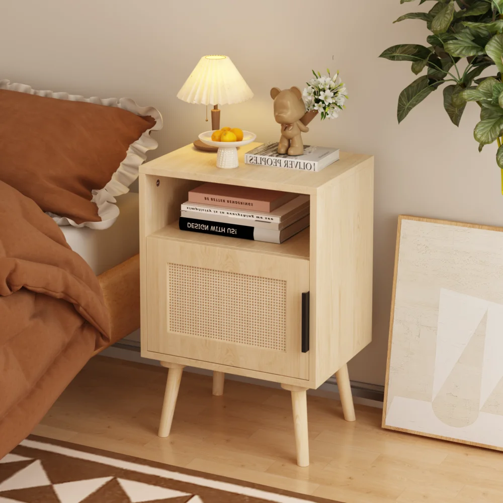 22.83'' H Rattan Nightstand, Side Table with Door Open Shelf,  Accent Bedside End Table with Solid Wood Legs for Bedroom, Oak