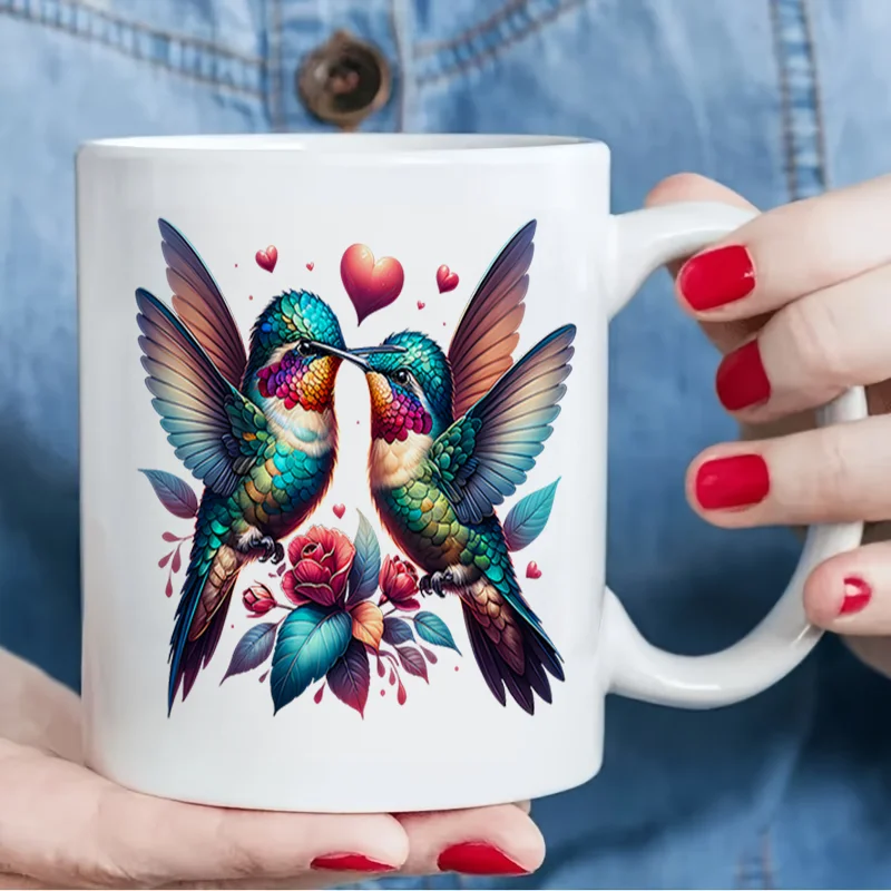 Colorful Hummingbird Heart Print Ceramic Coffee Mug, 11oz 350ml Personalized Custom Mug, Microwave Safe Cute Aesthetic Mug, Vale