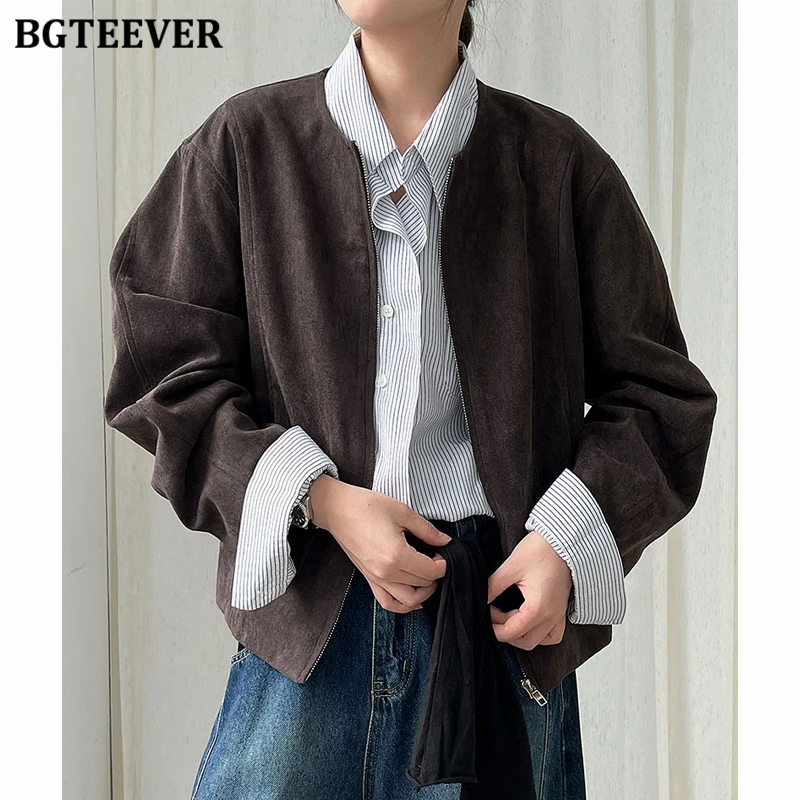 

BGTEEVER Autumn Winter O-neck Pockets Ladies Suede Jackets Vintage Zipper Up Women Coats