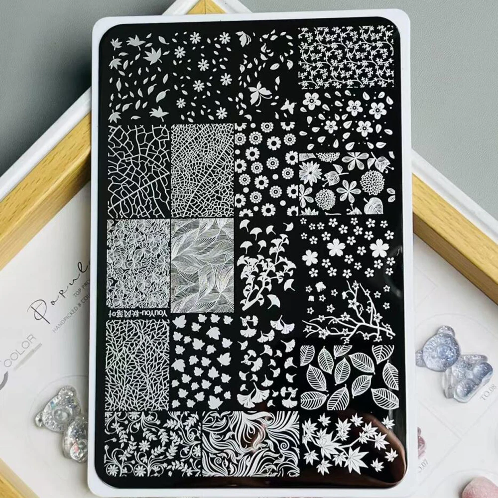 Placas de estampado de uñas de hoja de arce, 15x10cm, plantilla de impresión de esmalte de uñas de flor de hoja de otoño, molde de plantillas para decoración de uñas de acero inoxidable