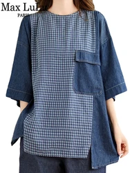 Max LuLu 2024 Summer Clothes Ladies Fashion Casual Denim Tops Womens Loose Plaid Shirts Classic Vintage Oversized O Neck Blouses