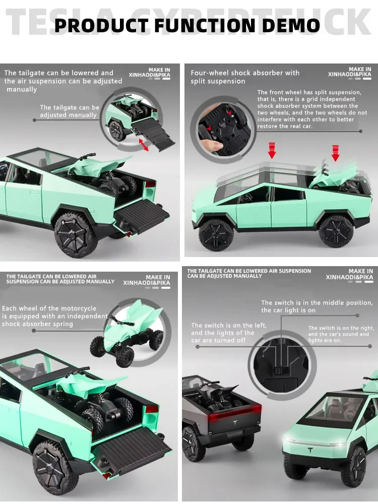 1:24 Tesla Cyberpunk Pickup Truck Model Alloy Symulacja dźwięku i światła Pojazd terenowy Chłopcy Kolekcja Dekoracja