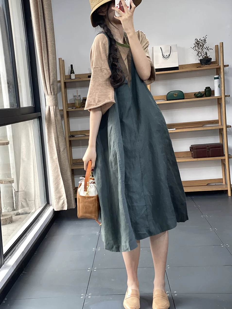 Vestido de Linho F com Bloco de Cores Vintage Decote em V ande Solto Sem Mangas Cintura Alta Estilo Casual Coreano d...