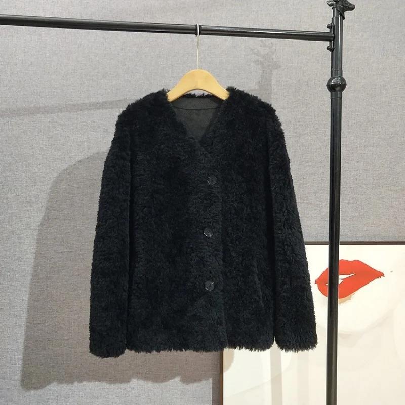 2025ฤดูหนาวใหม่มาถึงแกะShearling Fur-Trimmed Coatผู้หญิงBatwingแขนVคอเสื้อหนังเทียมJT514