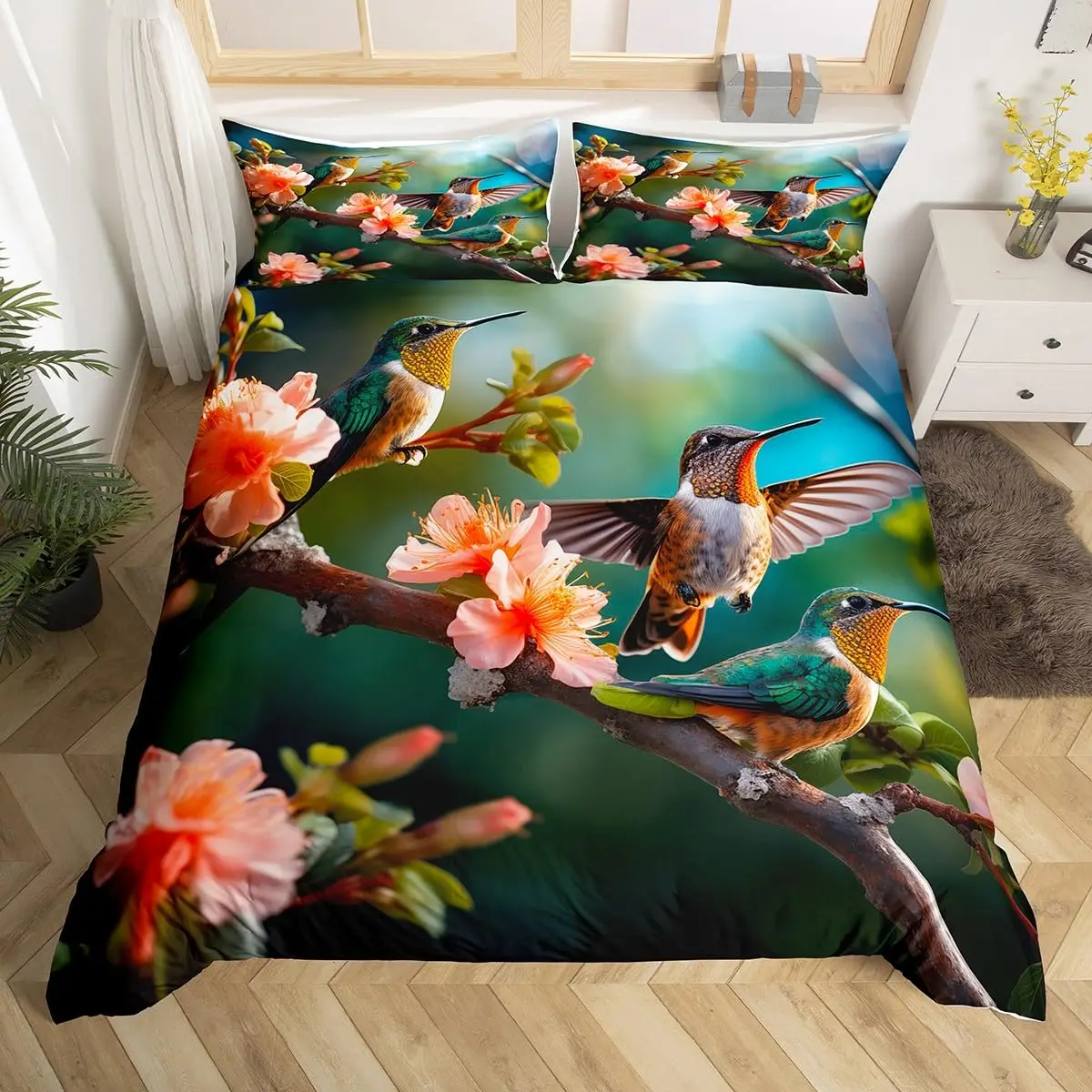 Wildlife Hummingbird Twin Queen Duvet Cover,Flower Bird Bedding Set for Kids Adults,Rustic Country Style Floral Comforter Cover