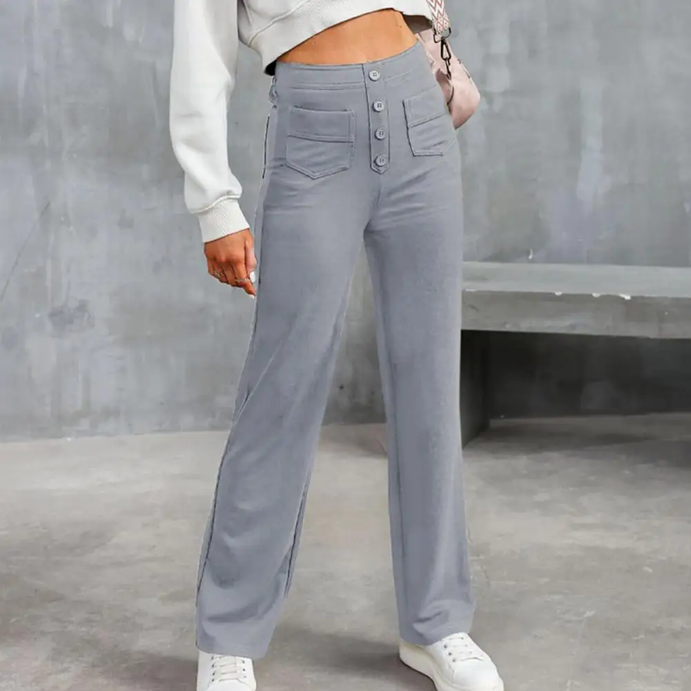 Elastische geknöpfte Taillen hose hohe Taille weites Bein Damen hose mit Knopf verschluss elastische Taschen lässig weich für Damen