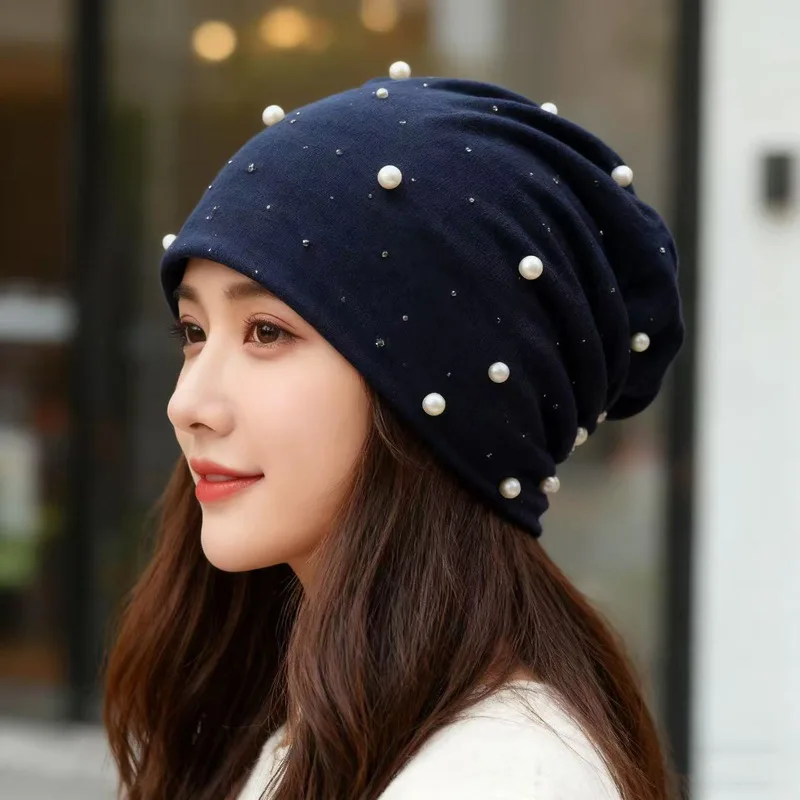 

Autumn and Winter New Warm Brimless Hot Diamond Pearl Baotou Hat Personalized Pullover Hat Stacking Hat Confinement Hat