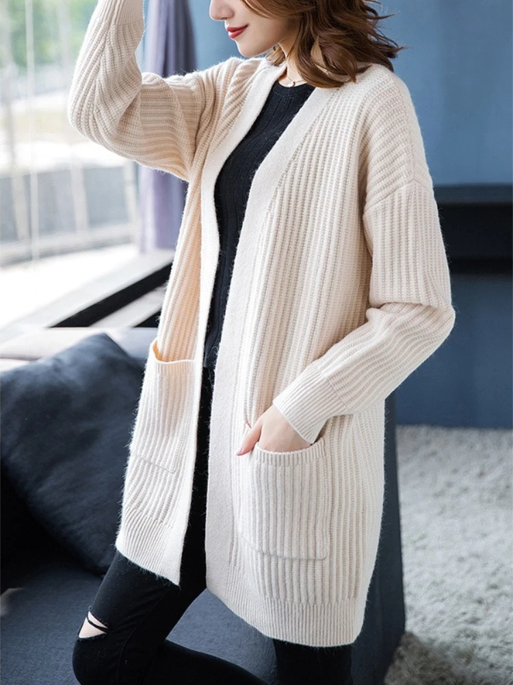 

Модный женский вязаный кардиган в корейском стиле, свободная верхняя одежда средней длины с длинными рукавами, универсальная весна-осень