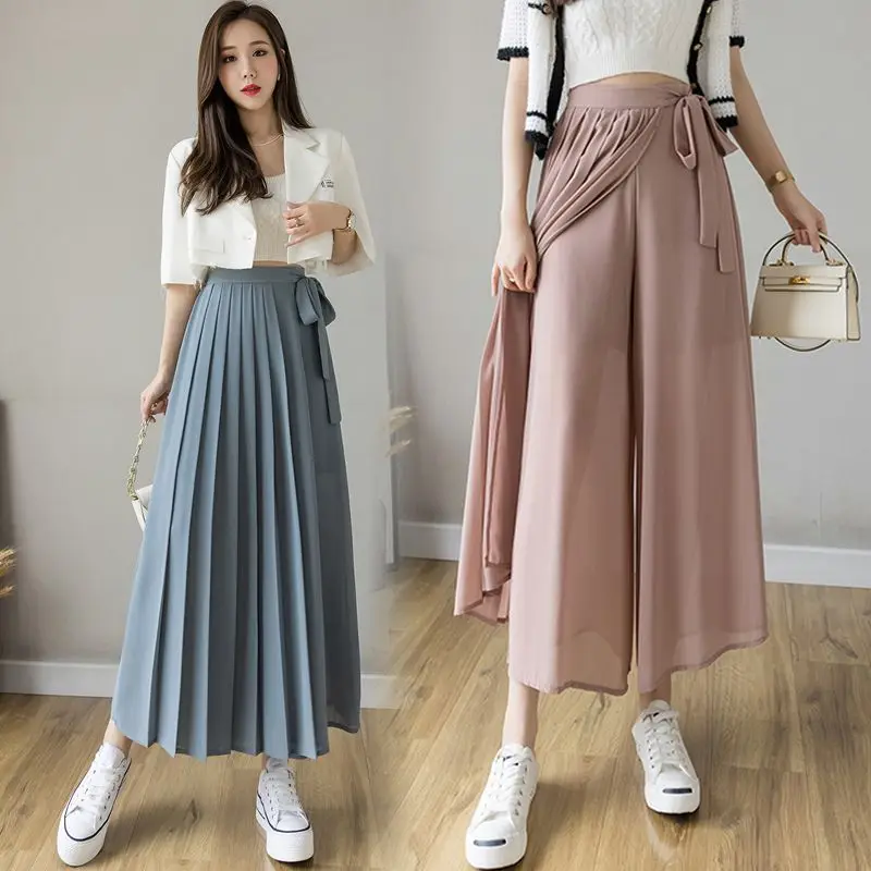 2024 New Fashionable High Waist Strap Ice Silk Casual Nine Part Skirt Pants Chiffon Wide Leg Pants Women\'s Summer Dress