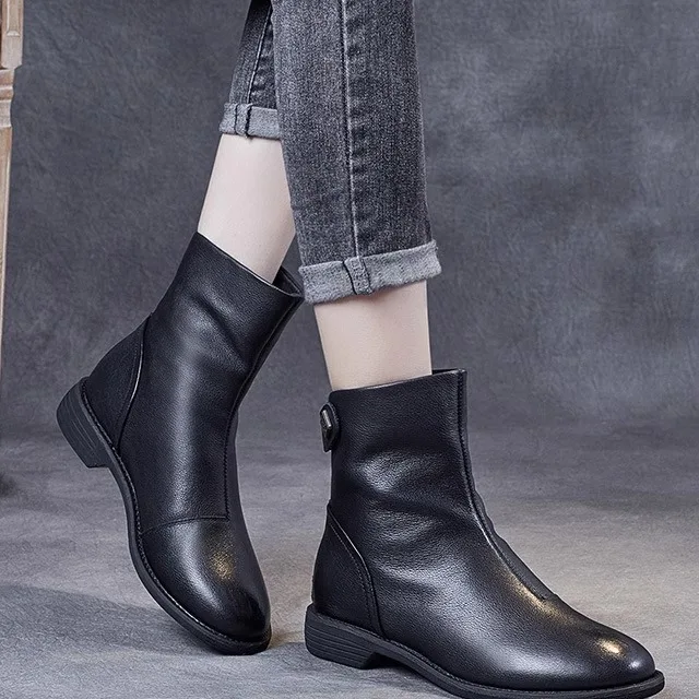 

Genuine Leather Boots Women's Pointed Toe Chelsea Short Boots Slimming Effect High Top Boots round Toe mid Heel Rubber...