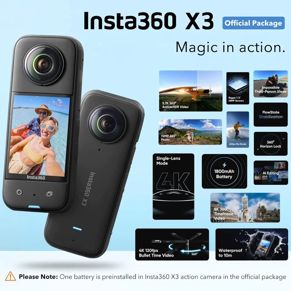 X3 - Waterproof 360 Action Camera with 1/2/'' 48MP Sensors, 5.7K 360 Active HDR Video, Bundle with Invisible Selfie Stick