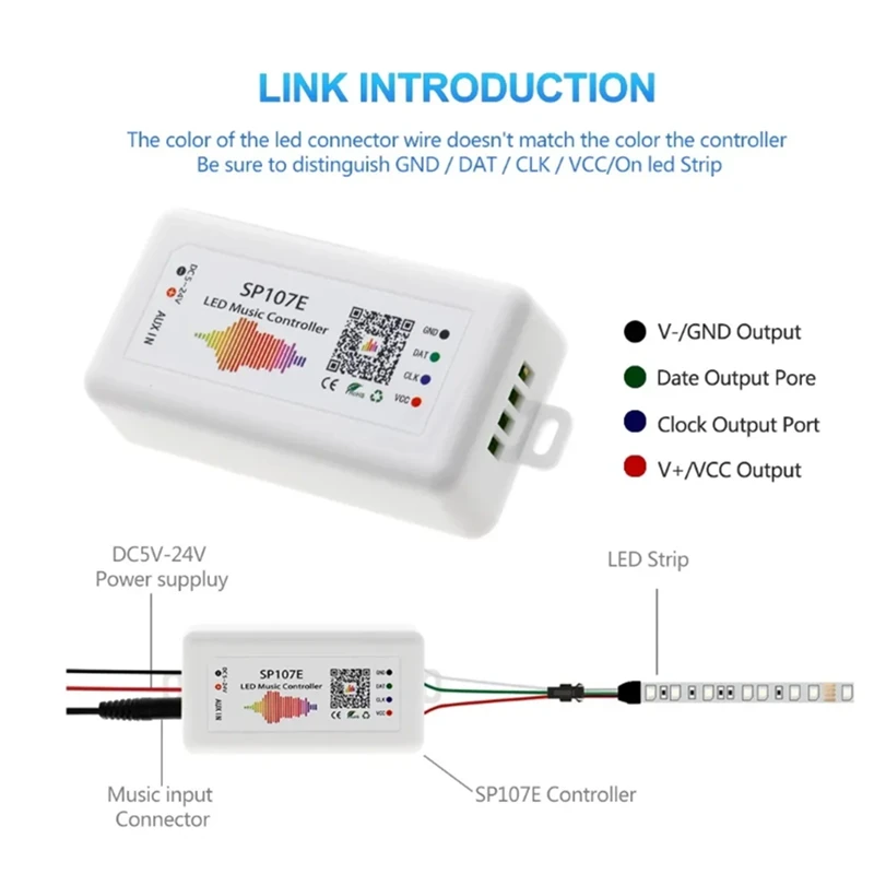 SP107E DC5-24V LED Music Controller With Wireless Bluetooth-Compatible SPI Full Color Music Control By Phone APP