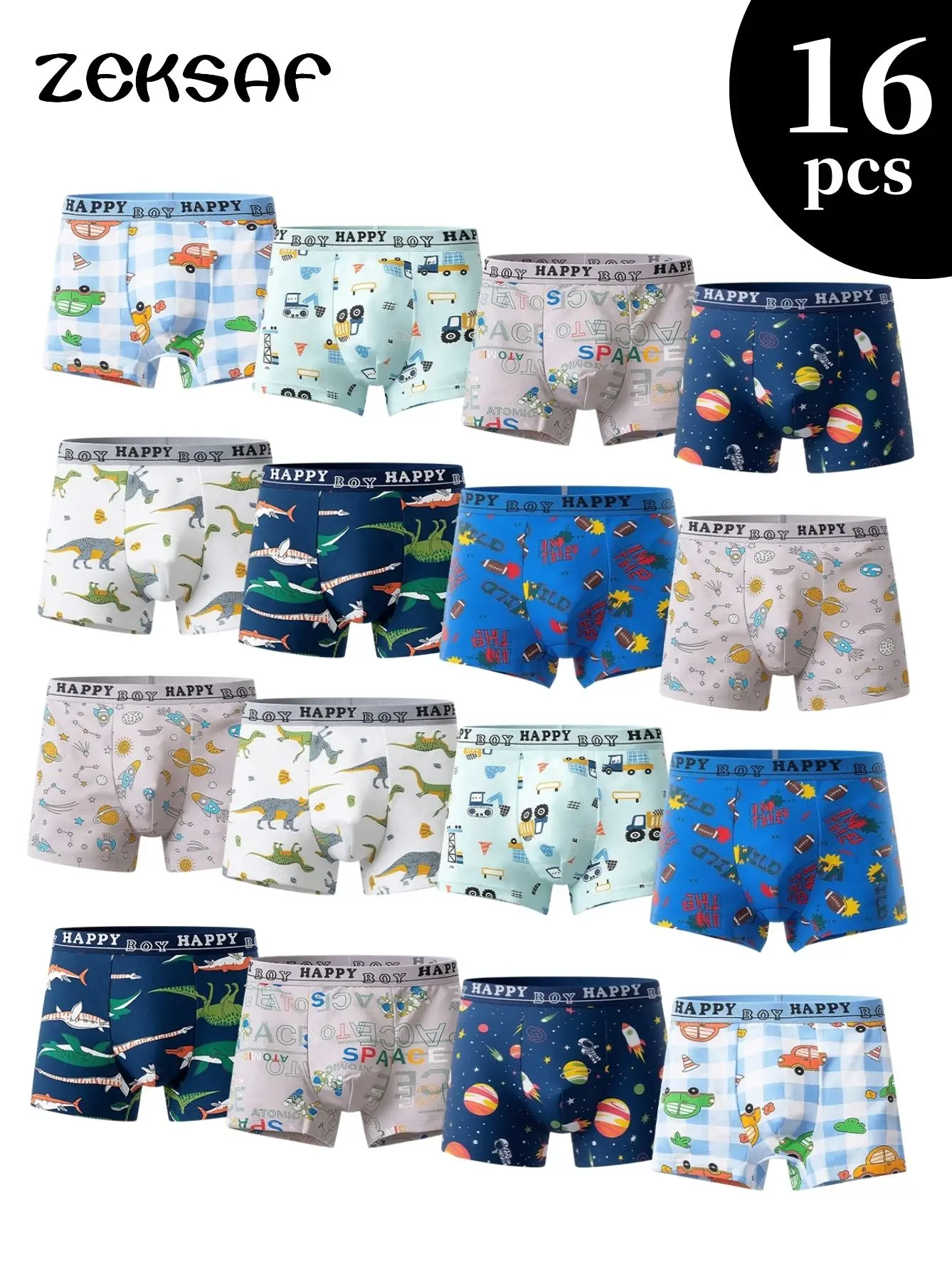 ZEKSAF Boys Fashionable Boxer Briefs 16 Pack Cozy Soft and Breathable Kids Underpants