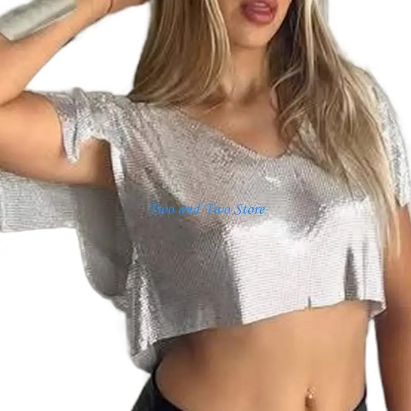 

HX6F Glittering Short Sleeve V Neck Cami Crop Tops Designed For Fashion Enthusiasts