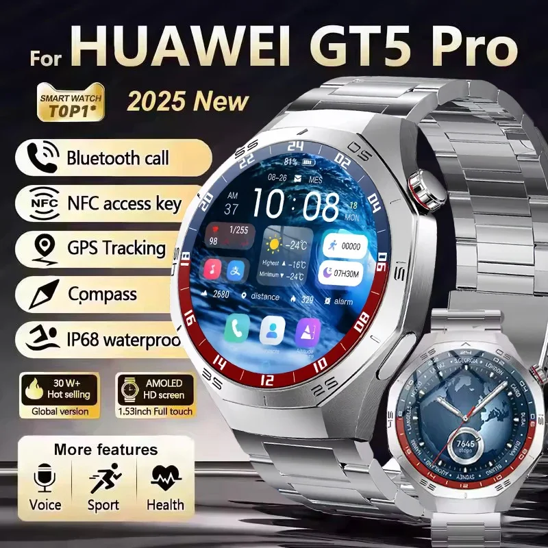 Untuk HUAWEI GT5 Pro GPS Smart Watch Pria Layar Ultra AMOLED 1.52 inci Deteksi Detak Jantung Panggilan BT Smartwatch Olahraga Kebugaran Gelang Tahan Air