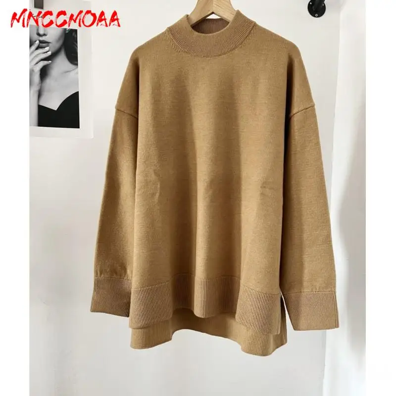 

MNCCMOAA-Women's Round Neck Sweater, Loose Pullovers, Casual Tops, Long Sleeve, Monochromatic, Female Fashion, 2024