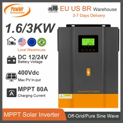 PowMr Inwerter Off-Grid 3KW 1.6KW 12V 24V AC 230V Wbudowany MPPT 80A Ładowanie słoneczne Czysta fala sinusoidalna Max PV 400V Inwerter mocy do użytku domowego