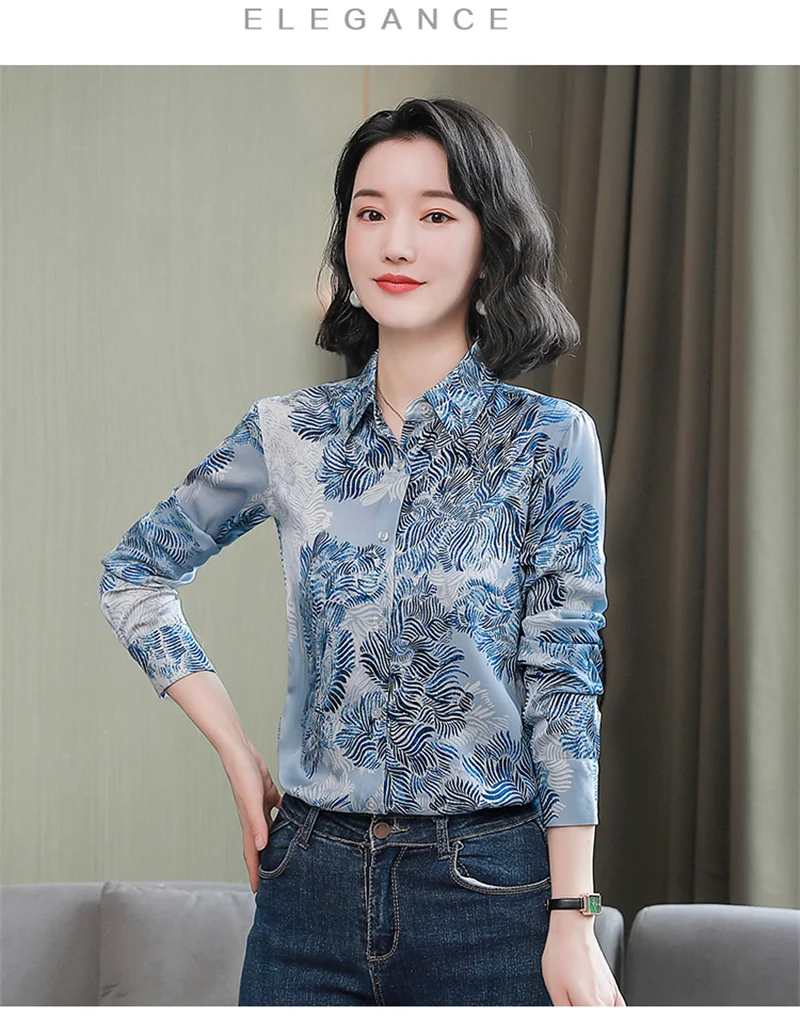 FANIECES S-4XL Plus Size Blouse Shirt For Women Spring Summer Long Sleeve Button Blue Print Blusas Mujer Shirt Tops 6385