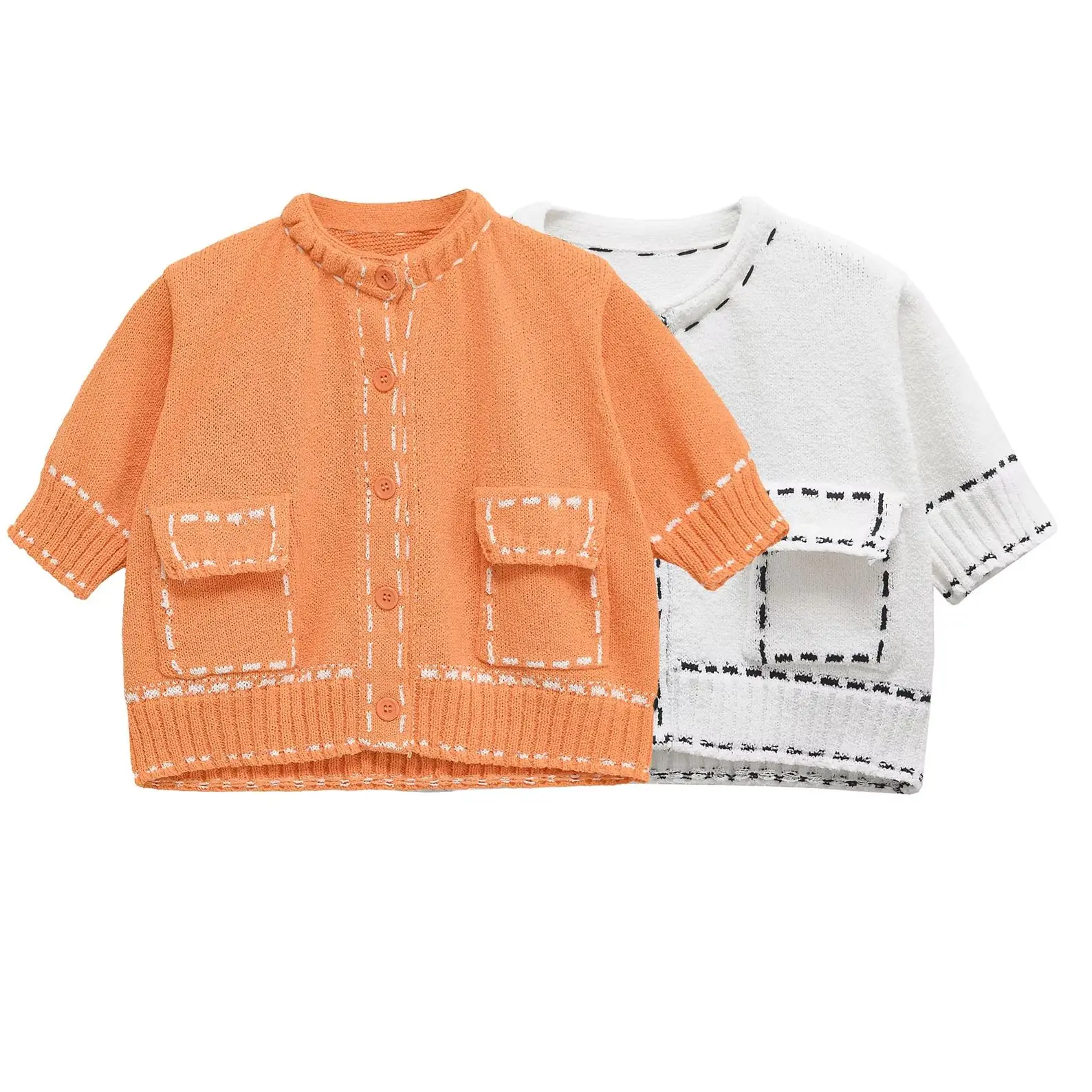 KONDALA Chic Summer Knitted Women Sweaters Fashion O-Neck Pockets Single Breasted Short Sweater Elegant Female Casual Mujer Tops