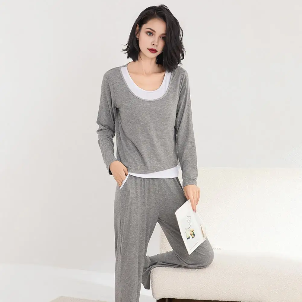 

Two Piece Modal Pajamas Set For Women Long Sleeve Top And Pants Sleepwear With Built-in Bra Casual Loungewear Pajamas Set 2025